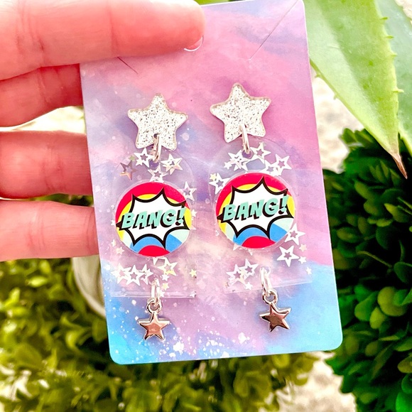 Bang! Retro Comic Book Inspired Acrylic Dangle Earrings - Picture 2 of 4